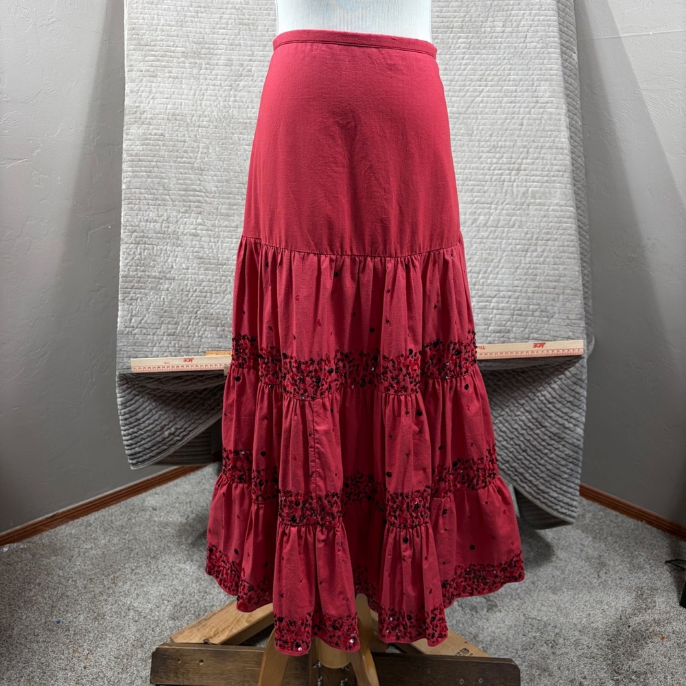 Anage Red Sequin Tiered Maxi Skirt Boho Cotton Ruffle Lined Size 10 - Picture 1 of 10